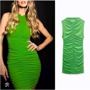 Zara Green Stretch Bodycon Dress | Size S | Ruched | Form-Fitting